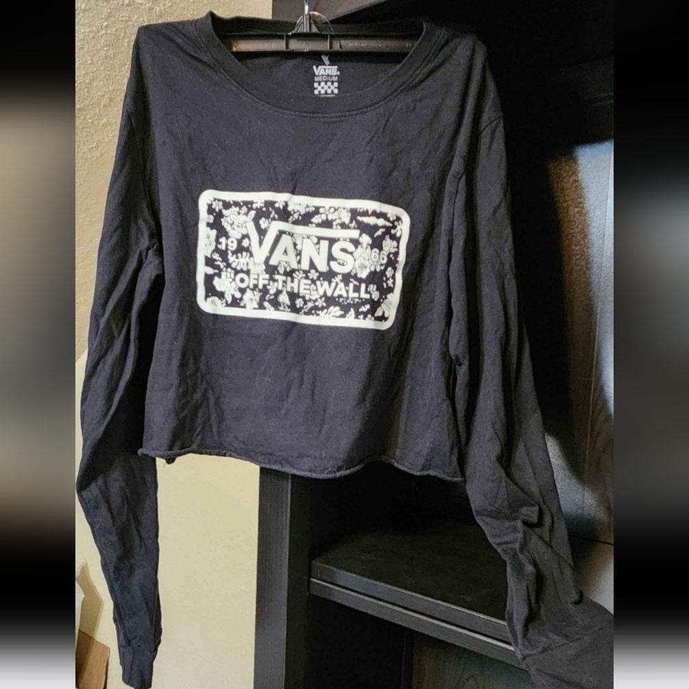 Vans Of The Wall Print Logo Long Sleeve Crop Top Shirt Woman's Size Medium